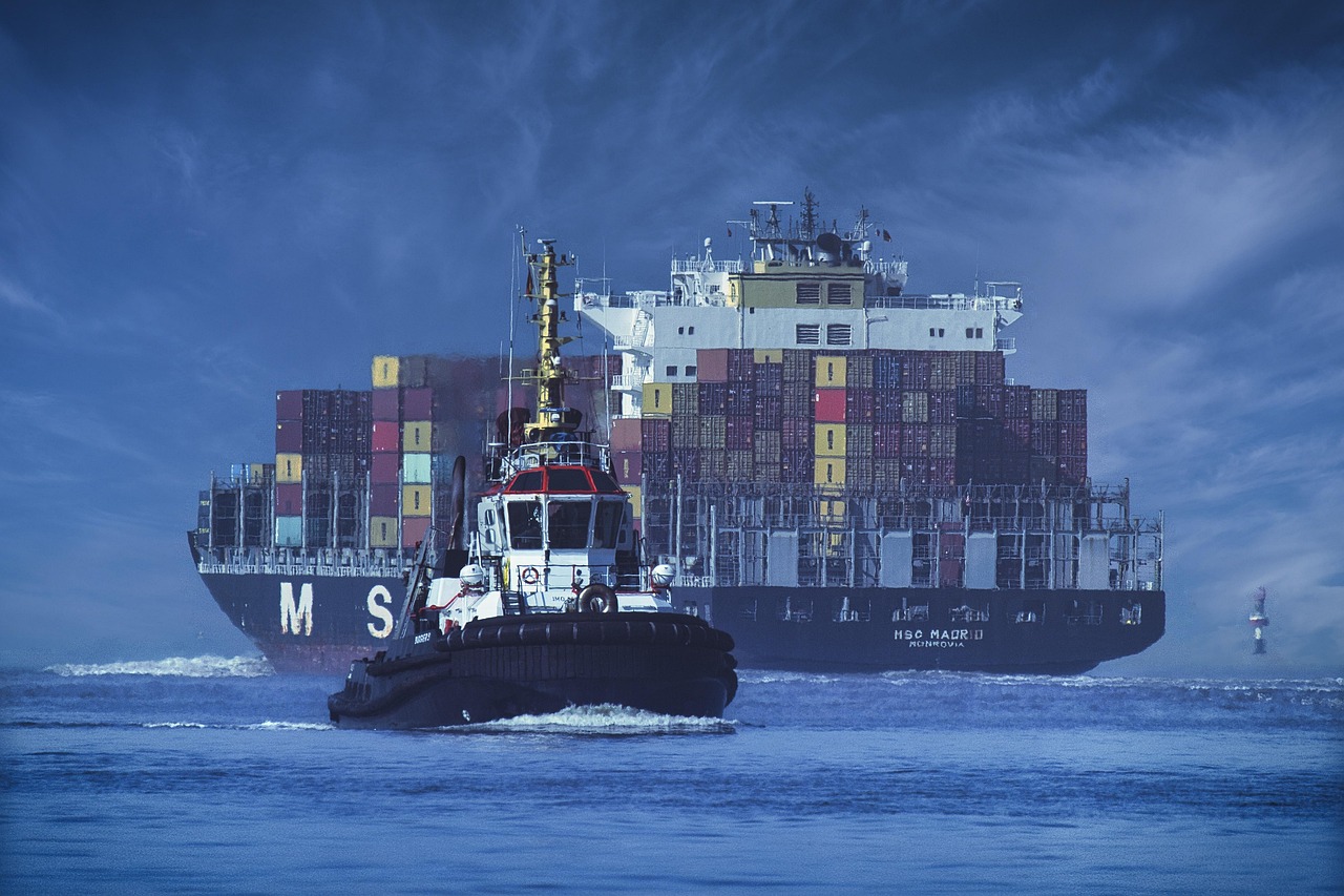 ship, container ship, tractor, sea, seafaring, shipping, container, logistics, freight, nature, automobile